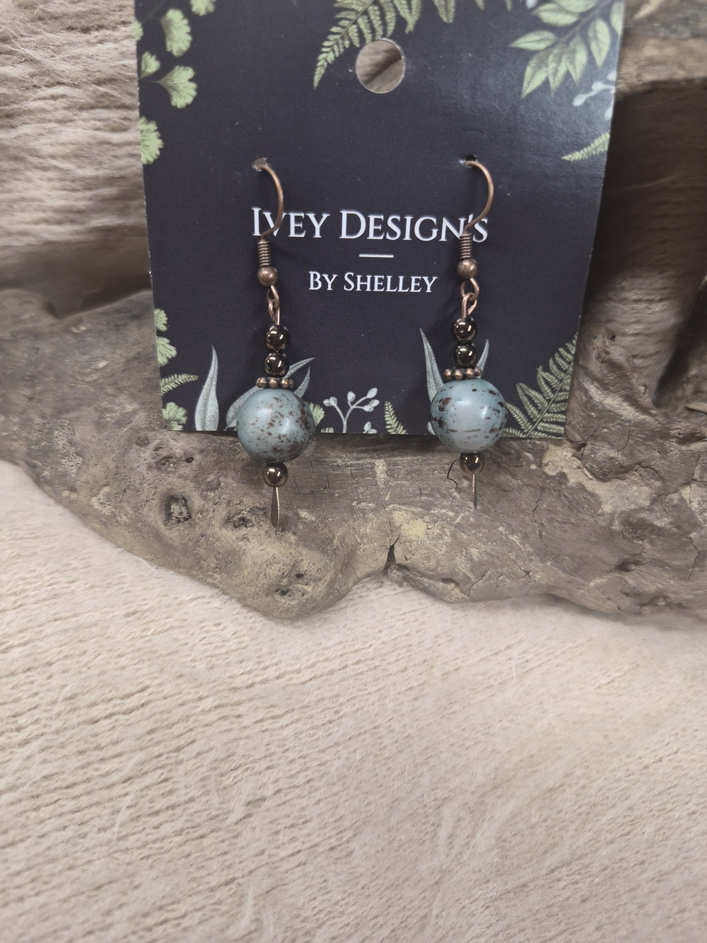 Copper Green Stone Speckled Bead Drop Earrings